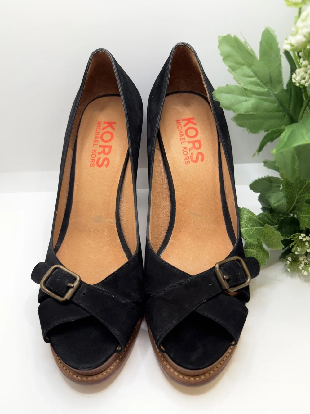 Michael Kors Black Suede Peep-Toe Block Heel Pumps with Buckle